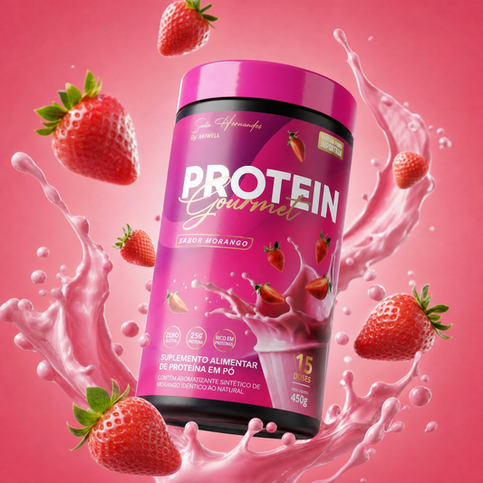 Protein Gourmet 450G Proteína + Colágeno - Sabor Morango + BRINDE 01 AKIBIO