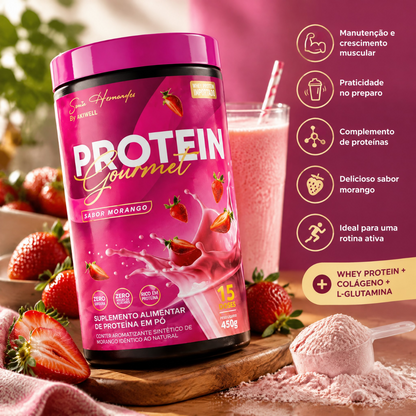 Protein Gourmet 450G Proteína + Colágeno - Sabor Morango + BRINDE 01 AKIBIO