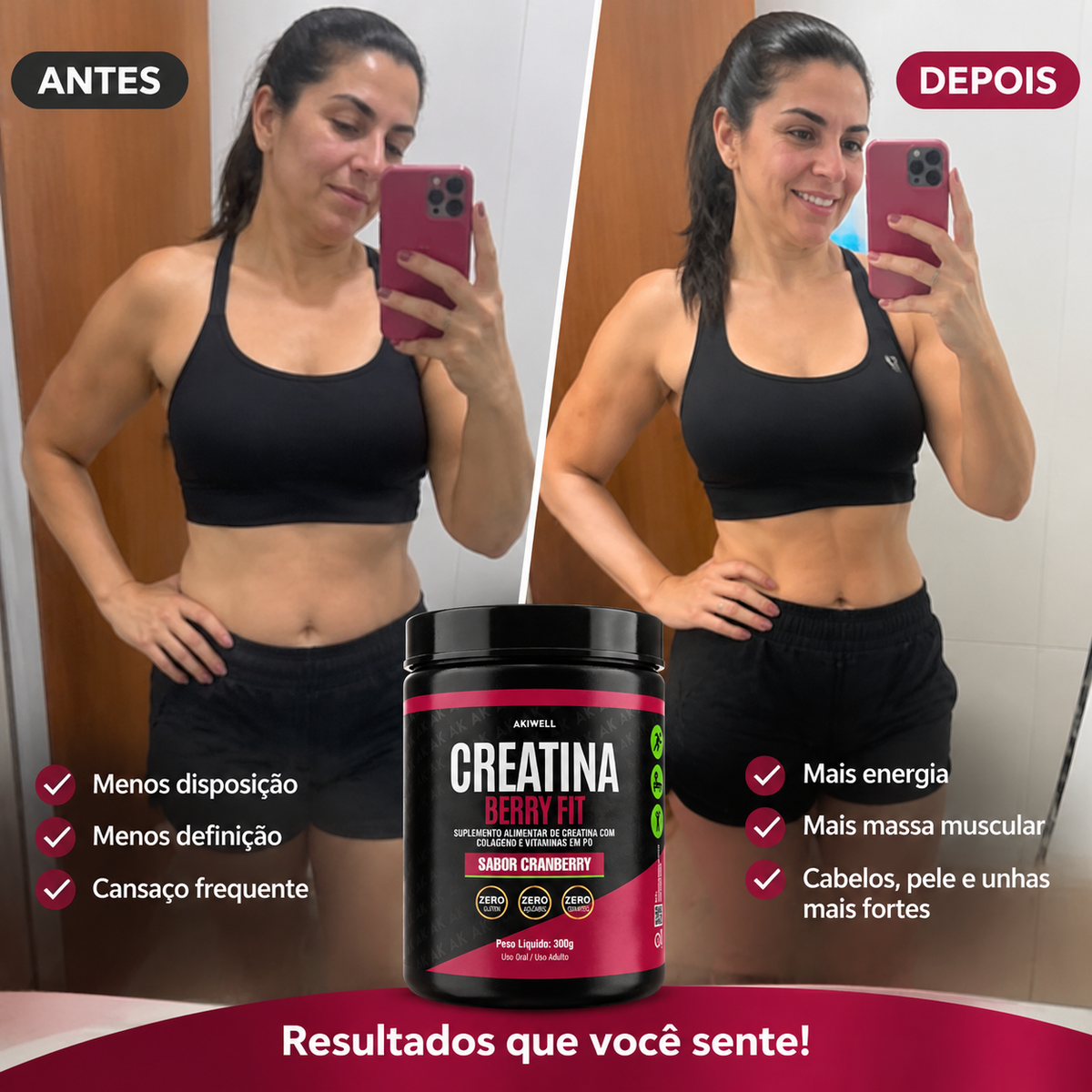 Creatina Berry Fit 300g + Colágeno + Ácido Hialurônico + Vitaminas- Sabor Cranberry