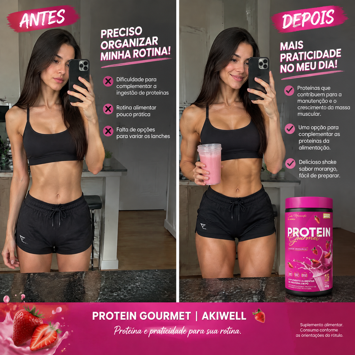 Protein Gourmet 450G Proteína + Colágeno - Sabor Morango + BRINDE 01 AKIBIO