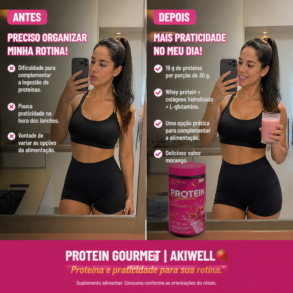 Protein Gourmet 450G Proteína + Colágeno - Sabor Morango + BRINDE 01 AKIBIO